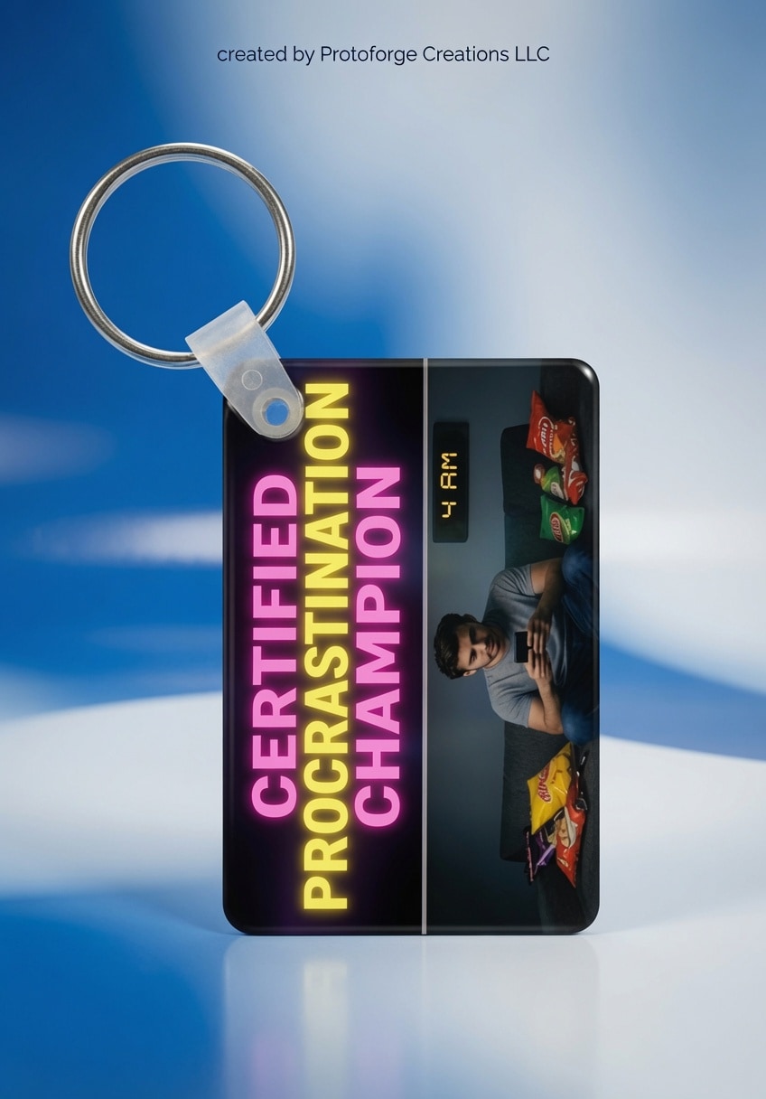 Certified Procrastination Champion Keychain — custom sublimation keychain by ProtoForge Creations