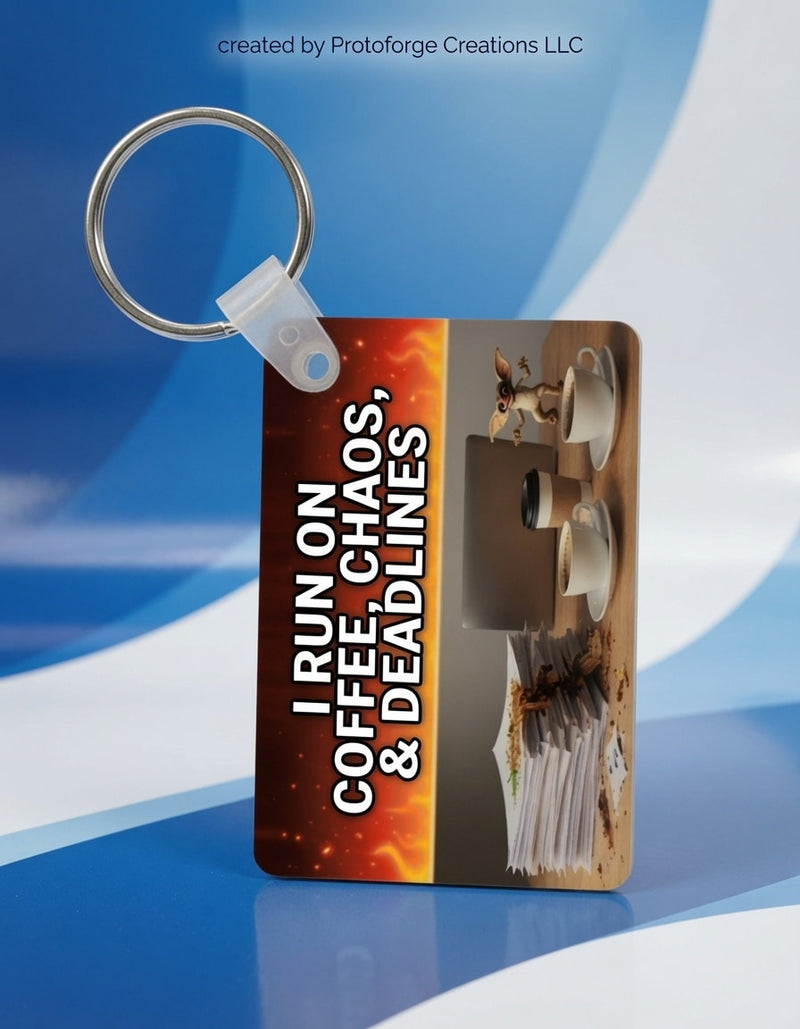 Coffee Chaos Deadlines Keychain — custom sublimation keychain by ProtoForge Creations