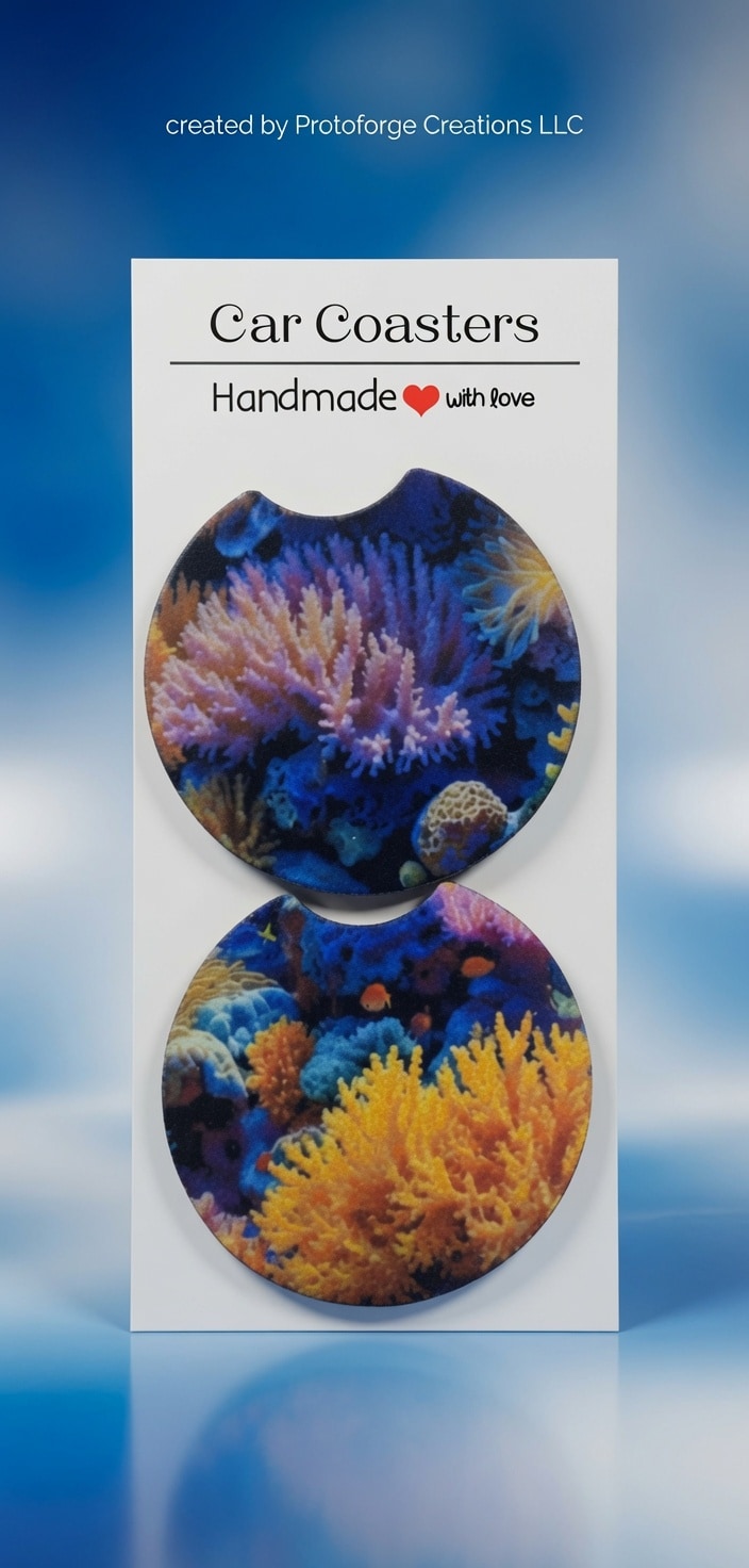 Colorful Coral Reef Car Coaster — custom sublimation car coaster by ProtoForge Creations