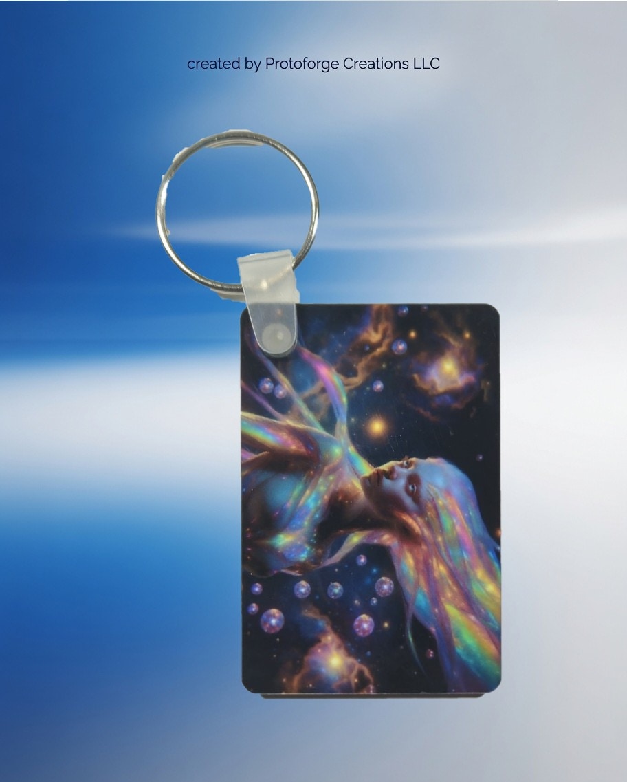 Cosmic Iridescent Woman Keychain — custom sublimation keychain by ProtoForge Creations