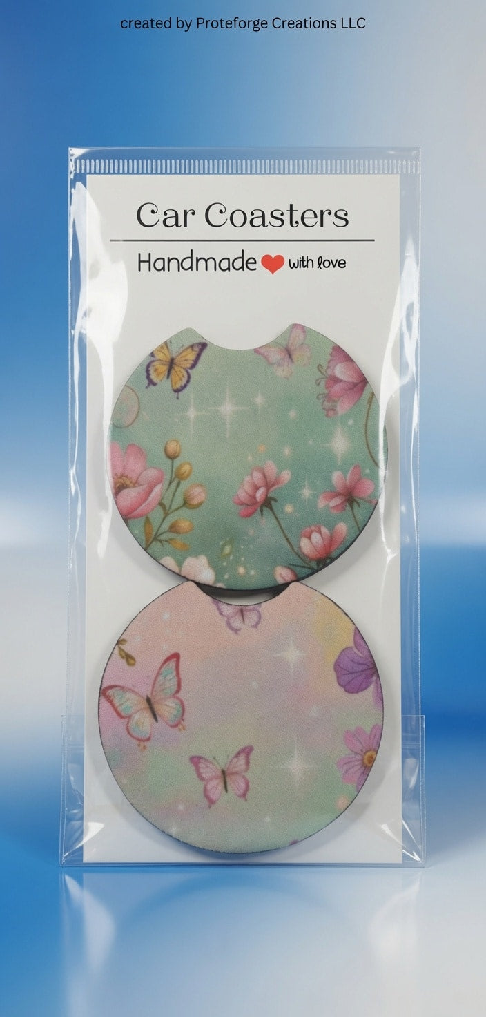 Cosmos Flower Butterfly Car Coaster — custom sublimation car coaster by ProtoForge Creations