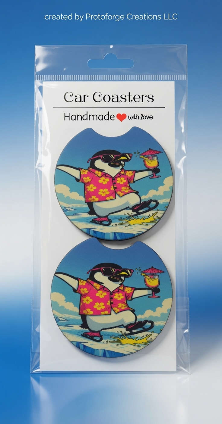 Penguin Hawaiian Shirt Car Coaster — custom sublimation car coaster by ProtoForge Creations