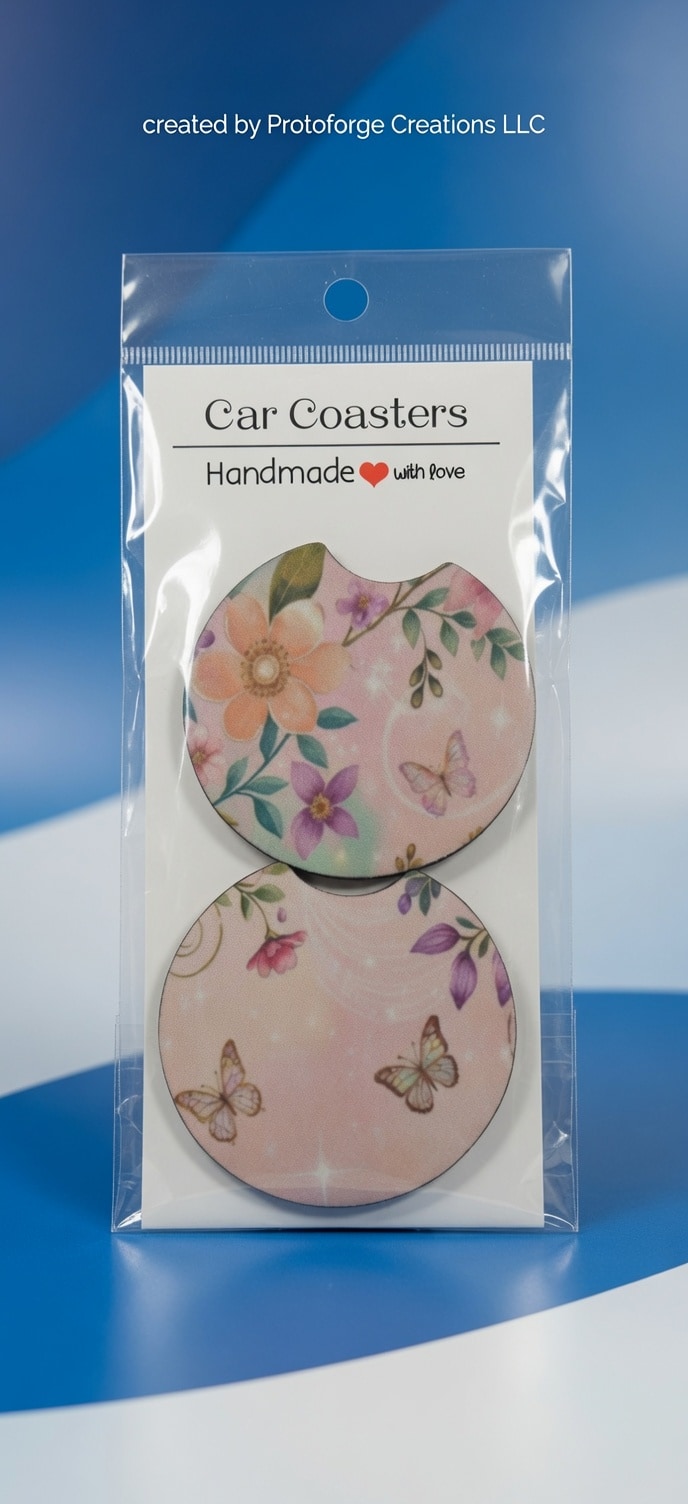 Pink Floral Butterfly Car Coaster — custom sublimation car coaster by ProtoForge Creations
