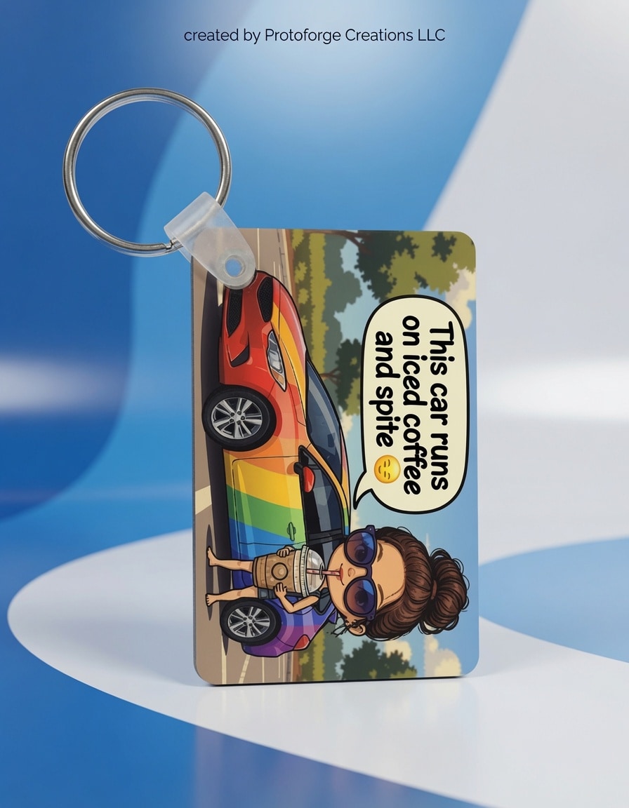 Rainbow Car Iced Coffee Spite Keychain — custom sublimation keychain by ProtoForge Creations