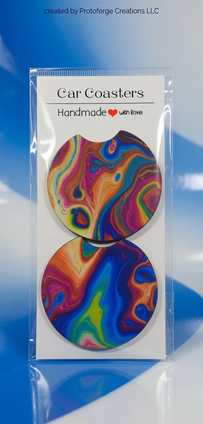 Rainbow Fluid Art Car Coaster — custom sublimation car coaster by ProtoForge Creations