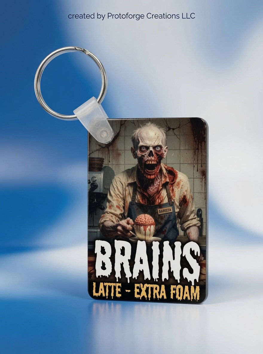Zombie Barista Brains Latte Keychain — custom sublimation keychain by ProtoForge Creations