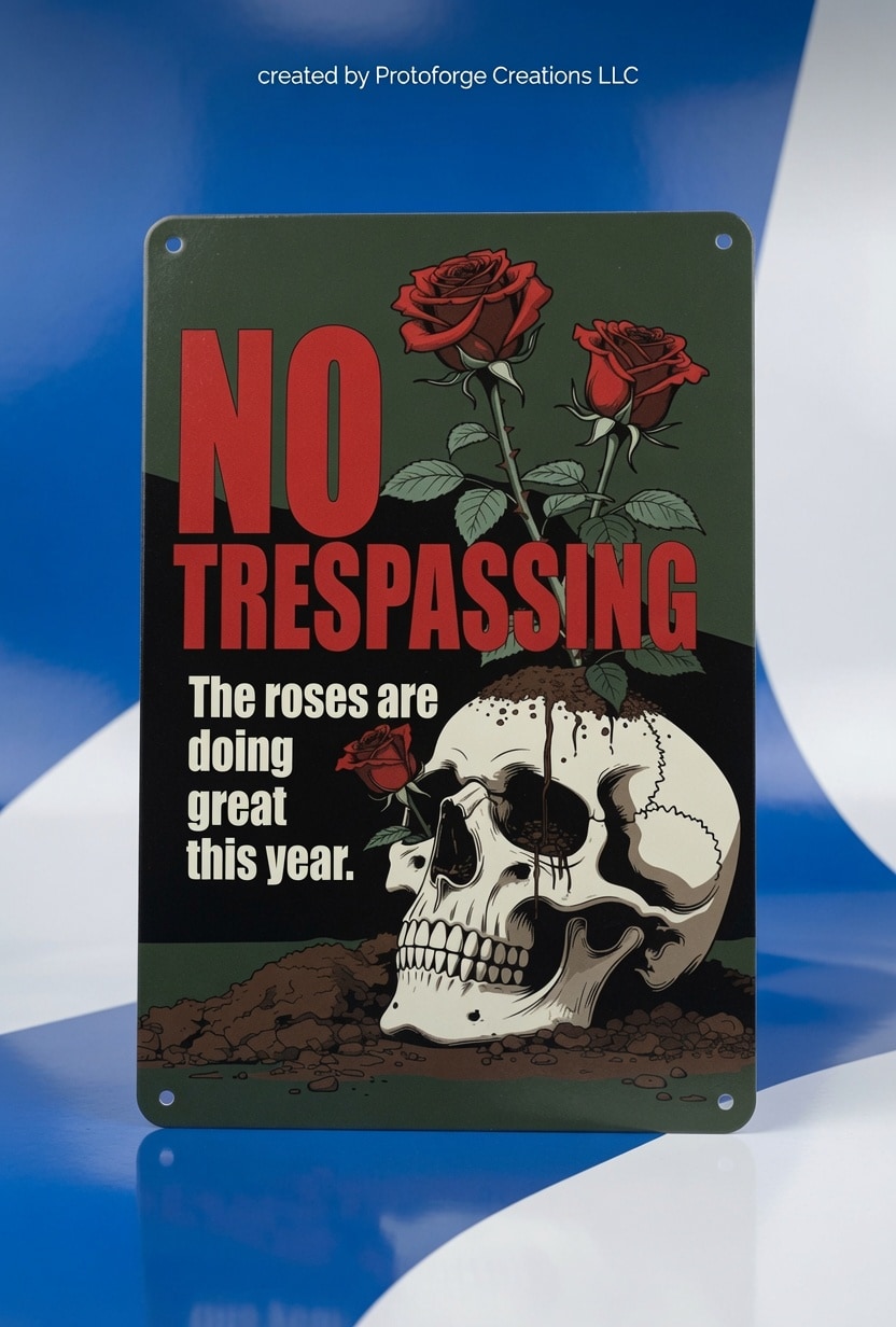 No Trespassing — Roses Doing Great Sign — custom sublimation sign by ProtoForge Creations