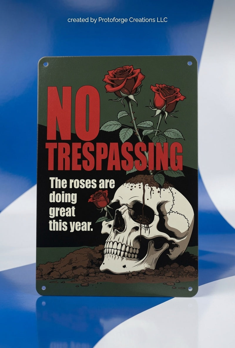 No Trespassing — Roses Doing Great Sign — custom sublimation sign by ProtoForge Creations