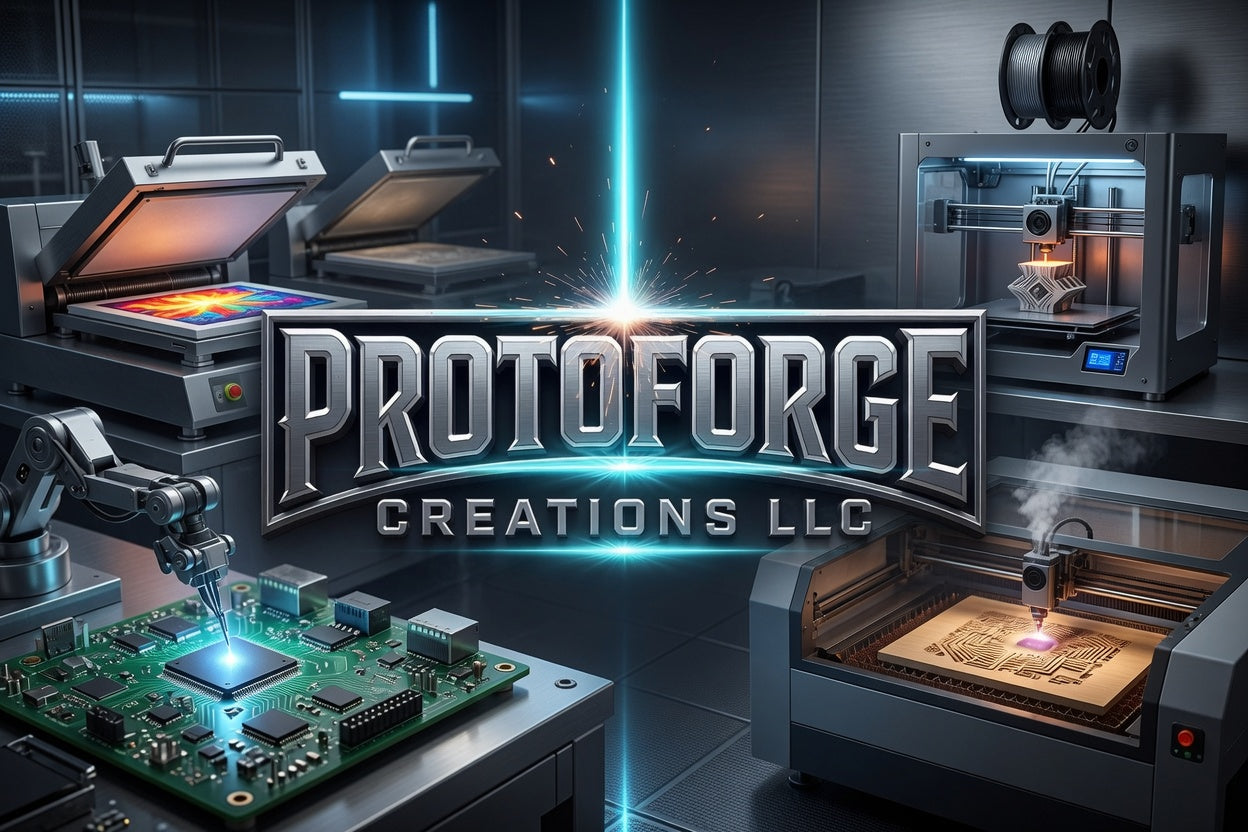 ProtoForge Creations logo with manufacturing equipment